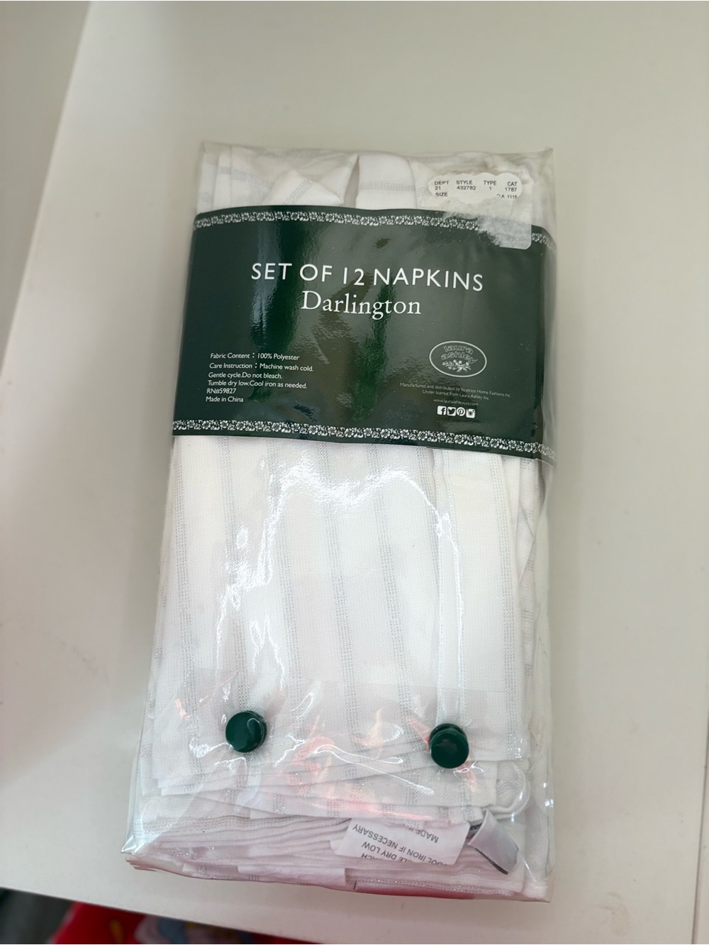 Laura Ashley Darlington White Stripe Napkins Set of 12 New in Package NIP